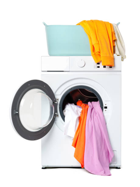 istock White Front Load Washing Machine With Clothes Hanging Out 2162066630