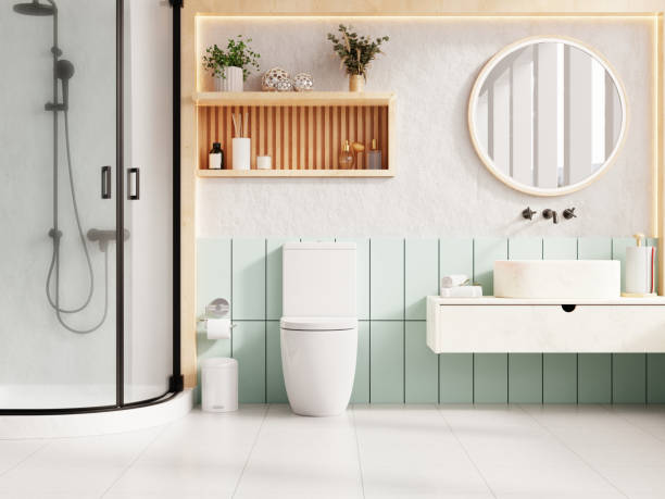 istock Mockup wall modern bathroom interior with pastel tones features a round mirror- 3D rendering 2162068589