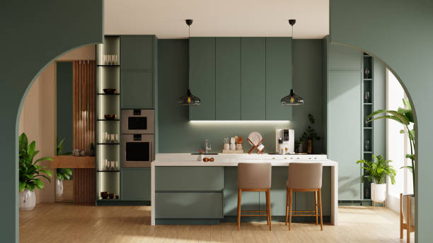 istock Modern kitchen decorated with light green cabinets and white countertops. With light brown chairs and minimalist hanging lights- 3D rendering 2162068648
