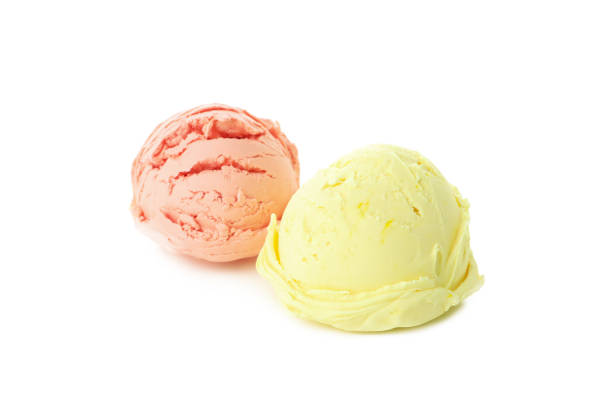 istock Two ice cream scoops isolated on white background 2162071988