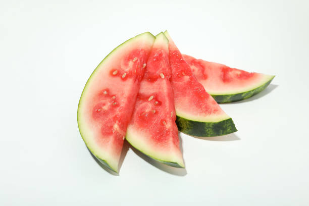 Fresh and juicy watermelon slices on white background