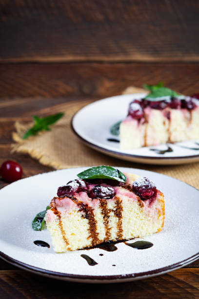 istock Cottage cheese casserole with cherry and mint. Cheesecake with cherry 2162074591