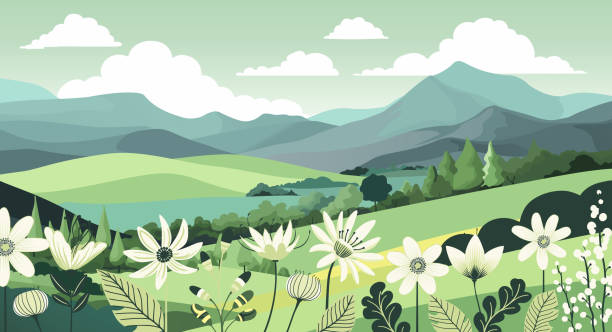 A rural landscape background of rolling hills and mountains. Fields, farm land and trees. Flowers in the foreground.
