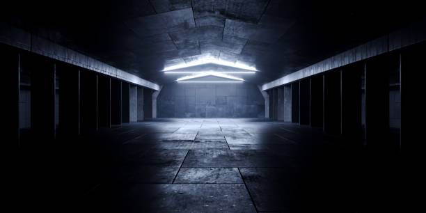 istock Modern Stage Empty Concrete Cement Grunge Warehouse Barn Tunnel Corridor Underground Cyber Hangar Showroom Background Spaceship 3D Rendering 2162080194