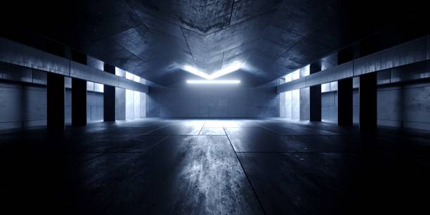 istock Modern Stage Empty Concrete Cement Grunge Warehouse Barn Tunnel Corridor Underground Cyber Hangar Showroom Background Spaceship 3D Rendering 2162080277