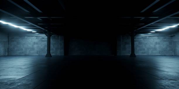istock Modern Stage Empty Concrete Cement Grunge Warehouse Barn Tunnel Corridor Underground Cyber Hangar Showroom Background Spaceship 3D Rendering 2162080314