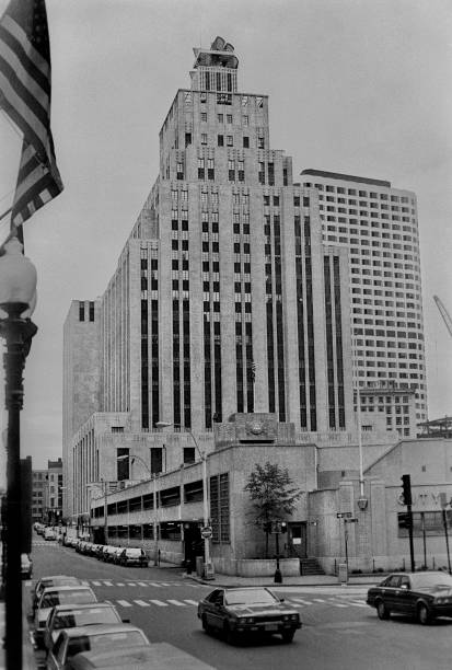 The New England Telephone building rising behind the Post Office Square garage on Milk Street.