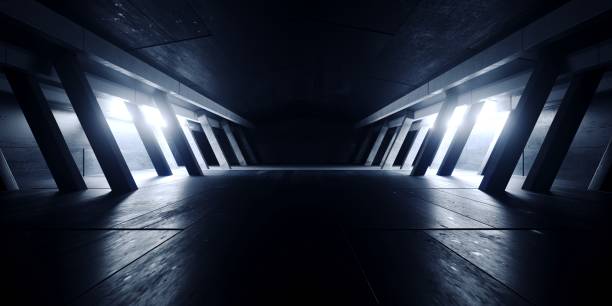istock Modern Stage Empty Concrete Cement Grunge Warehouse Barn Tunnel Corridor Underground Cyber Hangar Showroom Background Spaceship 3D Rendering 2162080344