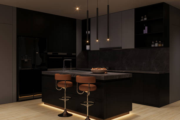 istock A luxurious and elegant kitchen decor with stools, and a bowl full of nuts on the kitchen counter. 2162080351