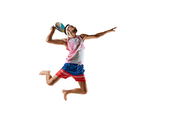 istock Sportive and competitive young man, tennis layer in motion with colorful paddle racket, playing isolated on white background 2162080492