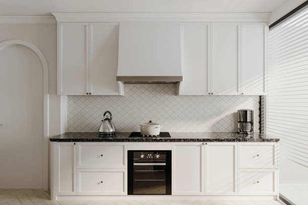 istock Rendering of a minimalist kitchen. sophisticated decor with a white tone. 2162080531