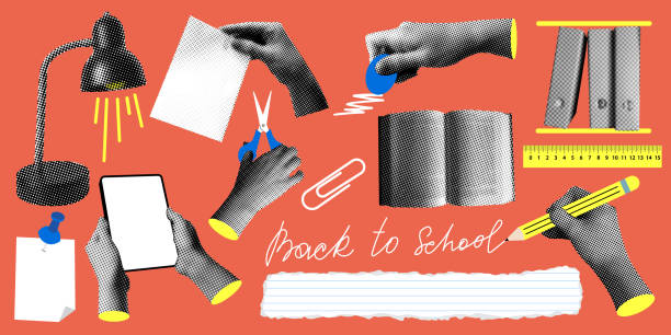 Back to school set. Modern collage Back to school set. Modern collage with halftone hands holding school supplies. Writing hand. Trendy newspaper elements. Hands holding scissors, tablet, eraser. Halftone lamp, book. Knowledge concept person writing on notepad stock illustrations