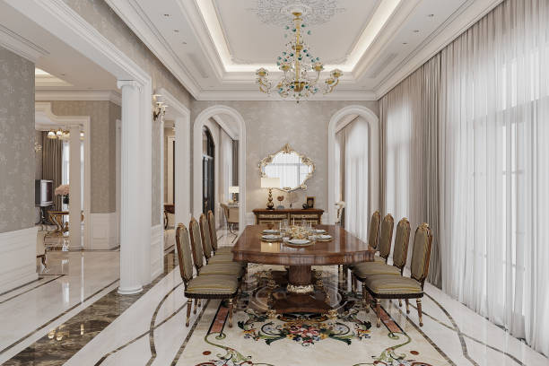 istock A gorgeous dining room is allocated with a royal and classic dining table with chairs for a royal family. 2162080858