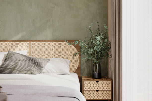 istock Nordic-style interior in a bedroom with botany and bed. 2162081994