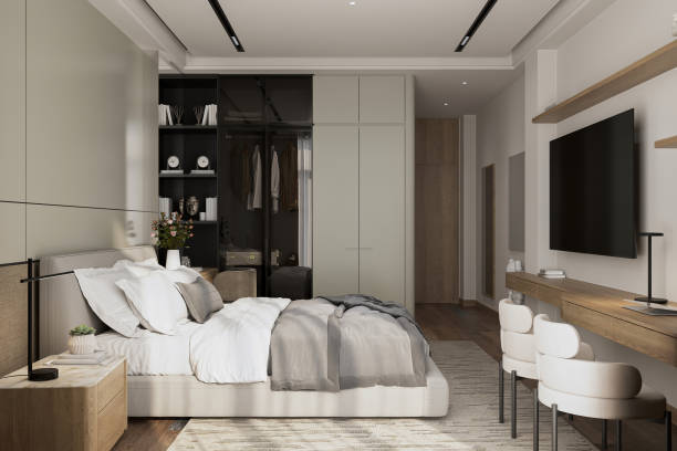istock Scandinavian's Chic Nordic Clean Style Modern bedroom with bed, TV, study table, and chairs. 2162083193
