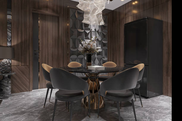 istock The modern dining area features black and brown chairs with a table, creating a stylish interior for lifestyle. 2162083389