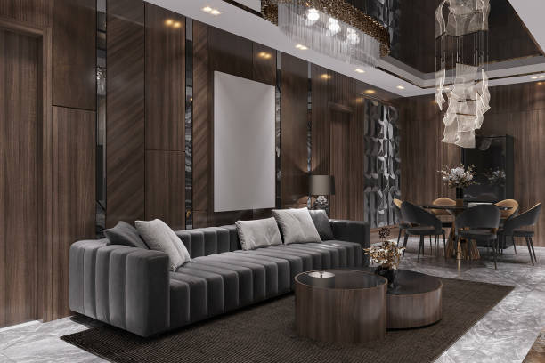 istock The modern living area features a dark gray sofa, and coffee table, creating a stylish interior for lifestyle. 2162083502