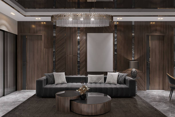istock The modern living area features a dark sofa, and coffee table, creating a stylish interior for today's lifestyle. 2162083573