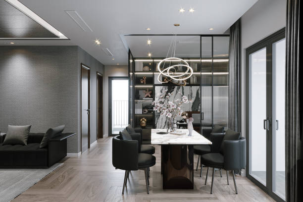istock A Magnificence Dining Space Interior Design and LED Chandelier Light , White Ceiling 2162083587