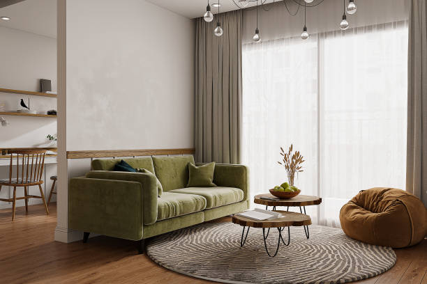 istock Big panoramic window on sunset or sunrise panorama, sofa Modern interior design concept idea for living area. 2162083612