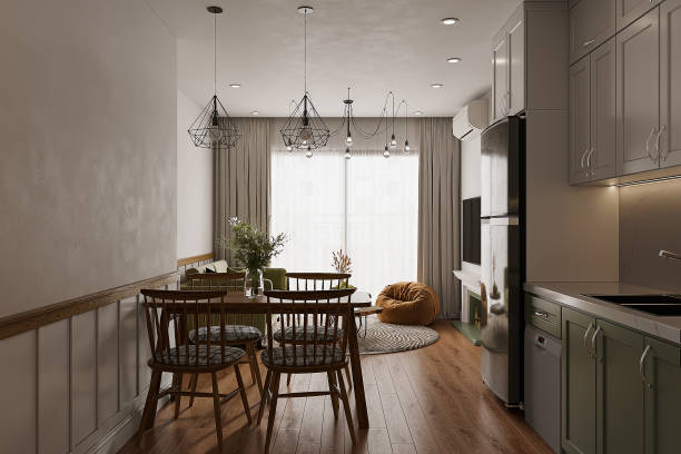 istock Big panoramic window on sunset or sunrise panorama, table with chairs. Modern interior design concept idea 2162083613