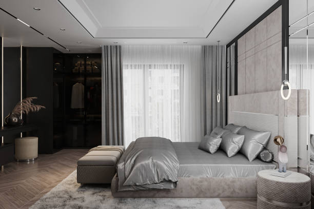 istock Contemporary gray-white bedroom with spacious built-in wardrobe 2162083893