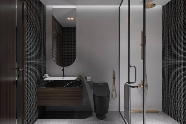 istock Luxury Scandinavian interior style black color bathroom with washbasin, mirror, and commode. 2162083958