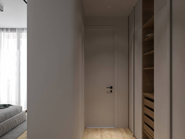 istock Luxury bedroom space used for bathroom entry, wall cabinet for accessories. 2162084014
