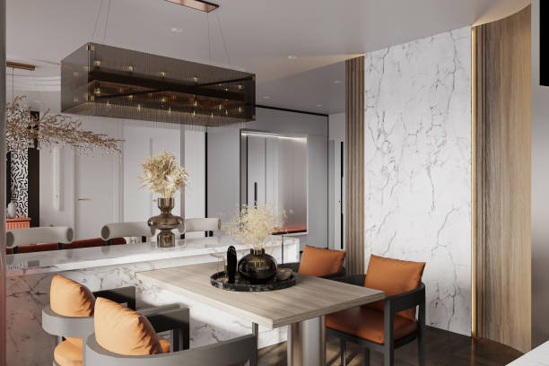 istock 3D rendering, spacious dining room design next to the modern kitchen, with a beautiful dining table and greenery 2162084019