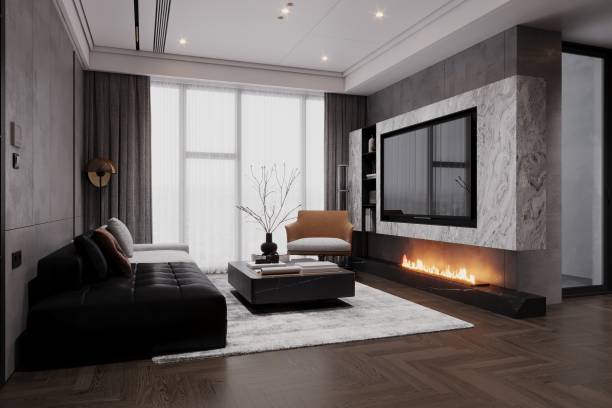 istock Interior of modern living room with fireplace 3D rendering 2162084154
