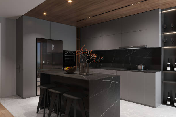 istock Modern kitchen interior, Contemporary kitchen with planned black and chic decor. 2162084468