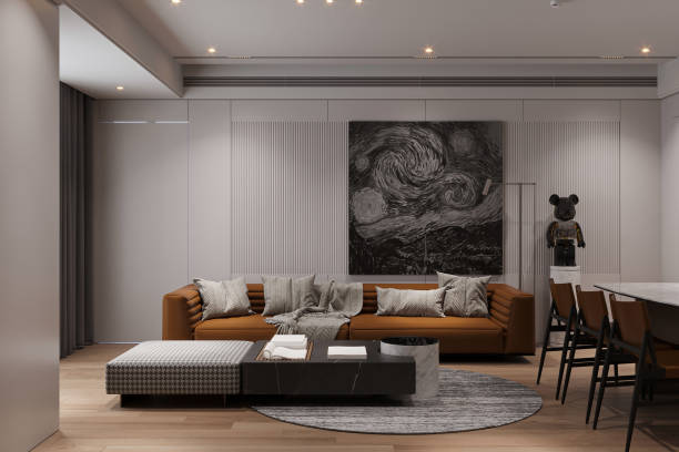 istock Modern minimalist interior with a brown modular sofa on a painting on the white color wall background. 2162084510