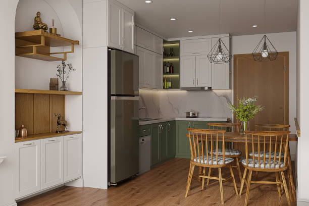 istock Modern minimalist dining room and kitchen in white tones, hardwood floor, dining table, chairs, island with stools, architecture interior design 2162084576