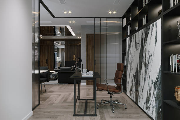 istock Open space interior with table, chair, and wall shelves like a reading zone. 2162084578