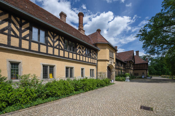 Potsdam, Germany, July 5, 2024: View of the entrance to the Cecilienhof Palace in the public park Neuer Garten  (New Garden) in Potsdam where the Potsdam Conference of the Victorious Powers took place after World War II.