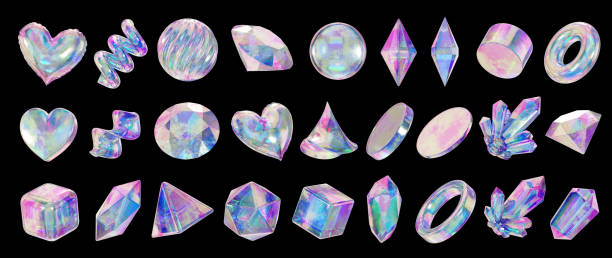 Heart and Gem holographic decoration set pack isolated background 3d rendering