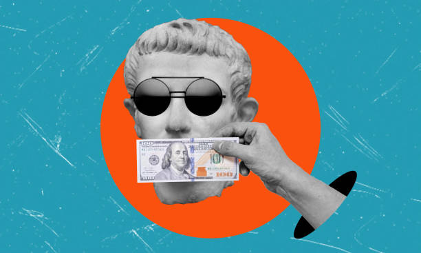 A Classic Bust Wearing Sunglasses Holds a US Dollar Bill Over Its Mouth