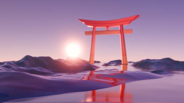 istock Sunset Over Tranquil Waters: Abstract Torii Gate in Minimalist 3D Art 2162092461