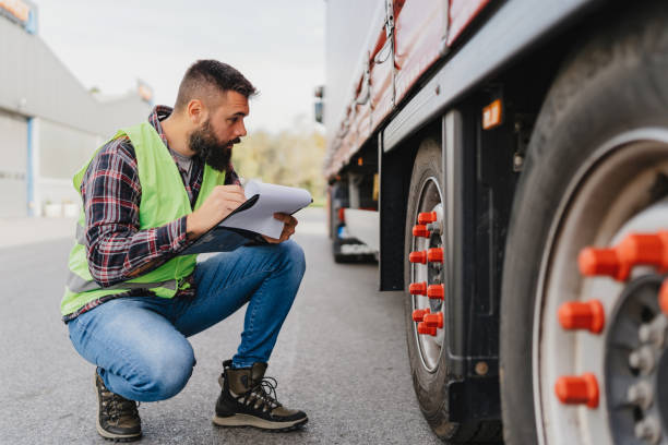 istock Man inspecting truck tire and taking notes for safety 2162094537
