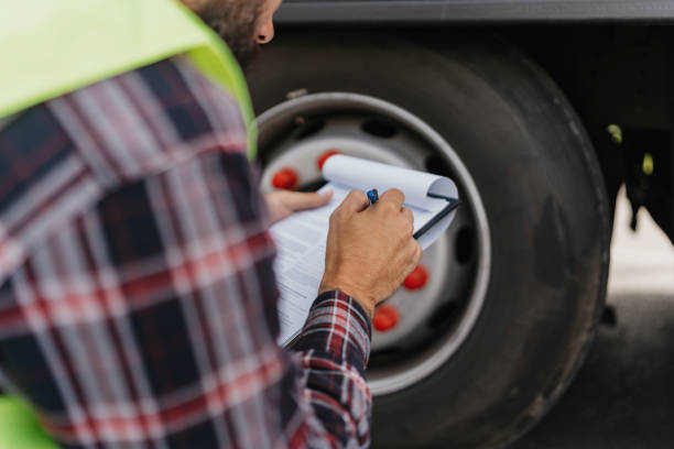 Close-up of worker inspecting tire and taking notes