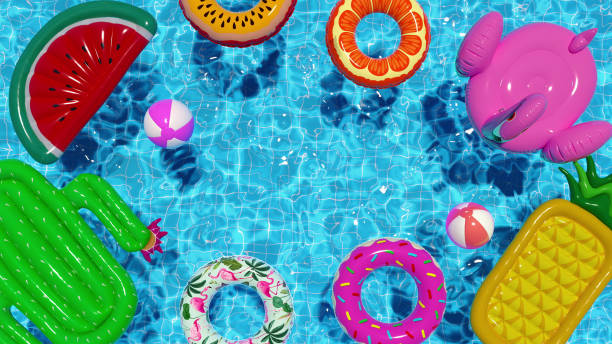 istock 3d render Inflatable circles ball mattress floating in the pool in summer top view 2162095437