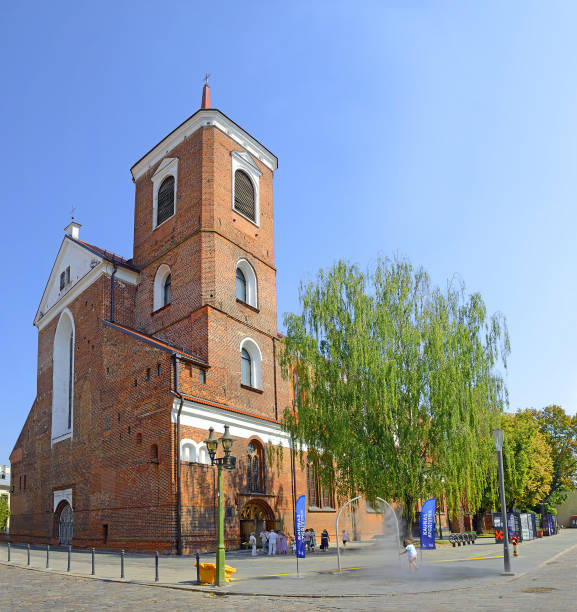 View at Pabianice city and Church of Our Lady of the Rosary from a drone at sunset