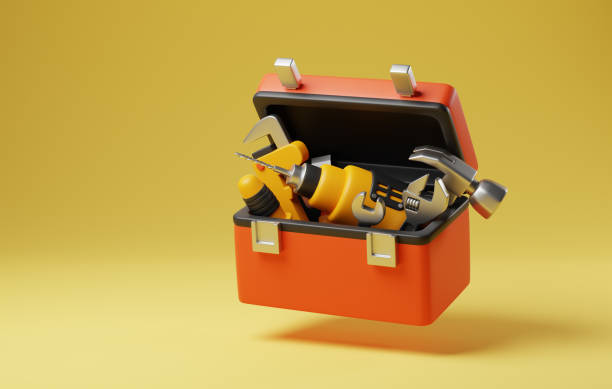 Craftsman's Arsenal Toolbox and Construction Tools for DIY Enthusiasts on Yellow Background. 3D render