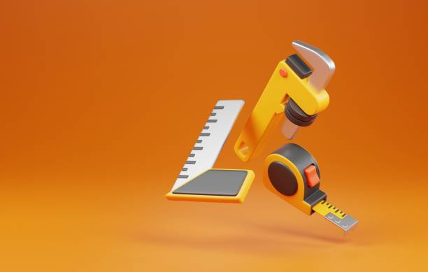 istock Corner ruler tape, measuring tape, adjustable wrench, measuring tools symbol. 3D Render 2162096905