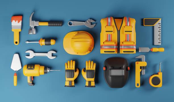 istock Set construction tools perfect for DIY, carpentry, and home improvement concepts. 3D Render 2162096932