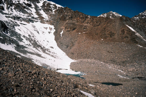 istock Snowcapped mountain pass with tiny glacier lakes at the peak 2162097819