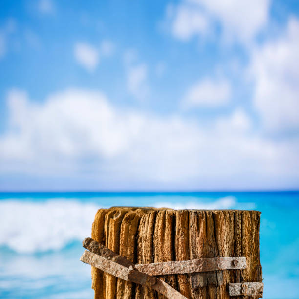 Old wooden stump as a table background on a tropical beach with copy space product display montage inspiration. Blue sky and sea background.