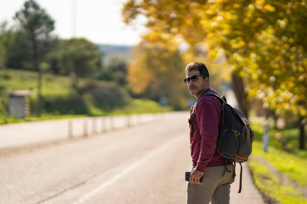 Tourist on the road in Azeitão, Setúbal, Portugal