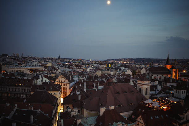 Prague Old Town aerial view cityscape at night