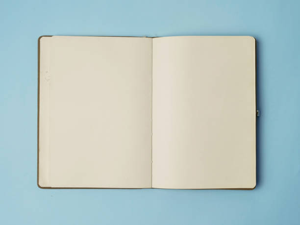 istock Open empty white paper book laying on blue desk, top view flat lay 2162108551